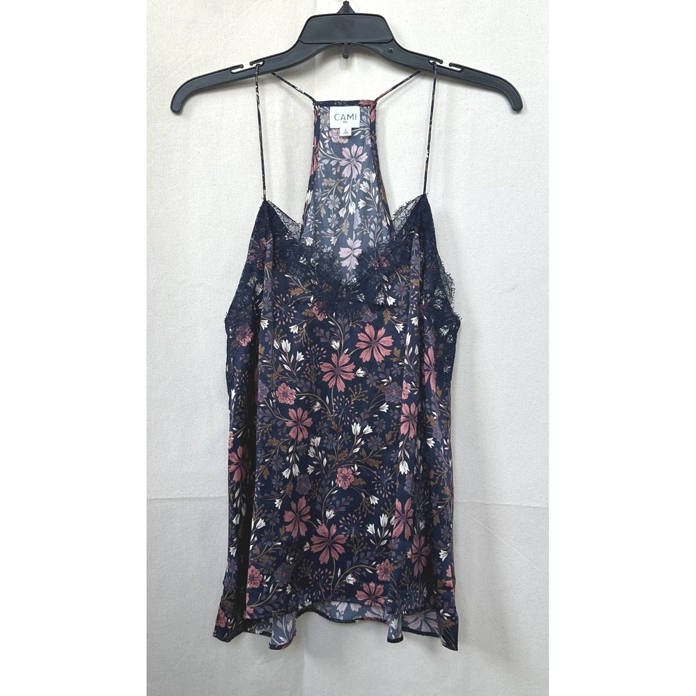Y2K Cami NYC The Racer Charmeuse Dark Cottage Floral 100% Silk Lace Trim Sz. L